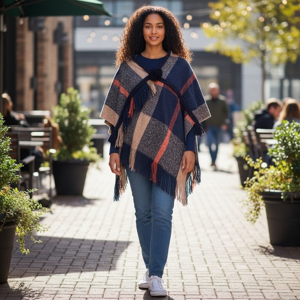 BCBGeneration Plaid Poncho Navy Orange Fringe Braided Trim Bohemian Southwestern